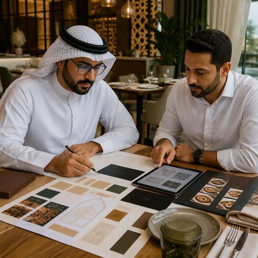 بناء هوية بصرية للمطعم تنعكس في الشعار والألوان والخطوط والمنيو