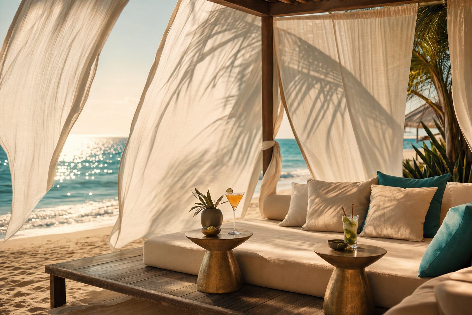 Private cabana with billowing white linen curtains and view of the Pacific