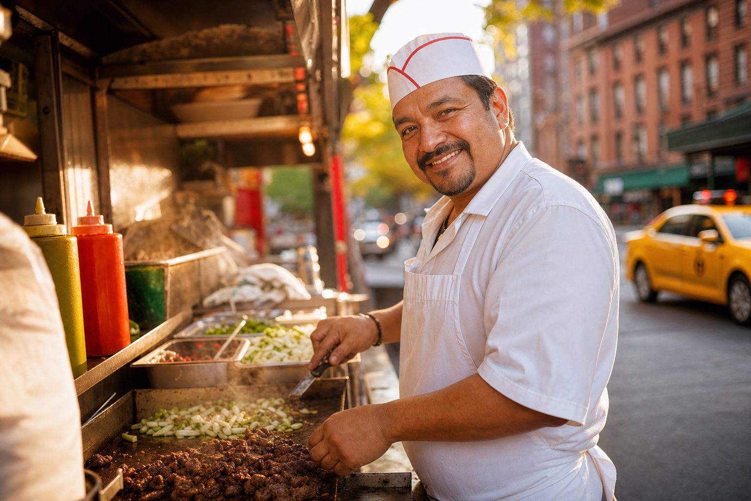 Taquero grilling carne asada on a New York City street food cart at golden hour
