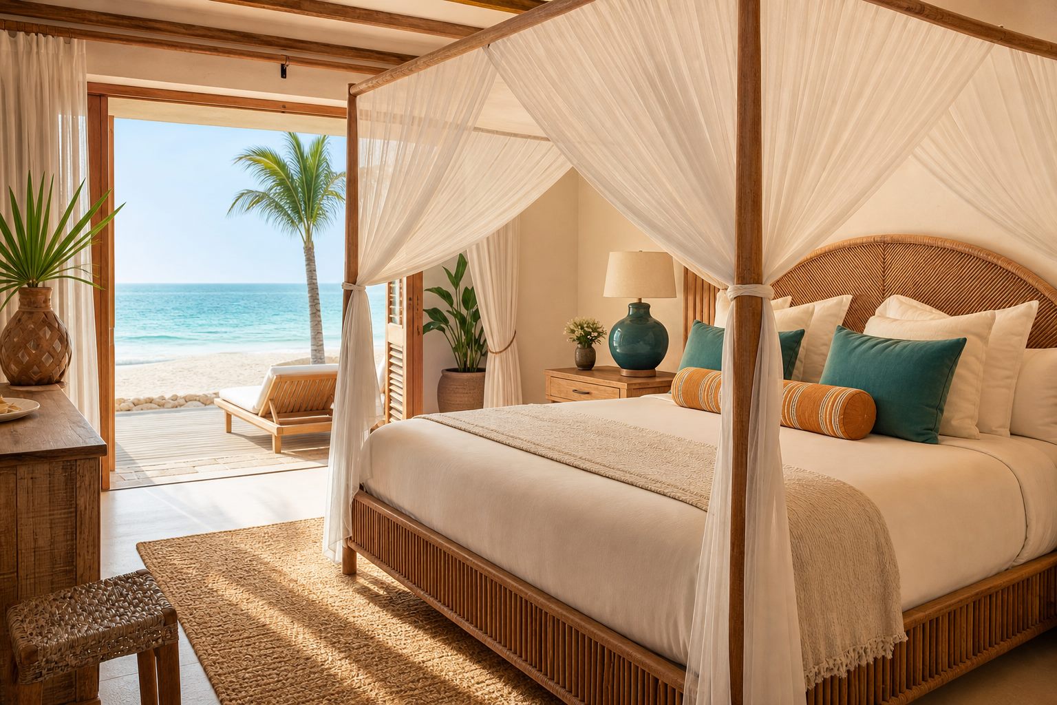 Interior of a luxury cabana with rattan bed, sheer curtains and open doors to the sea