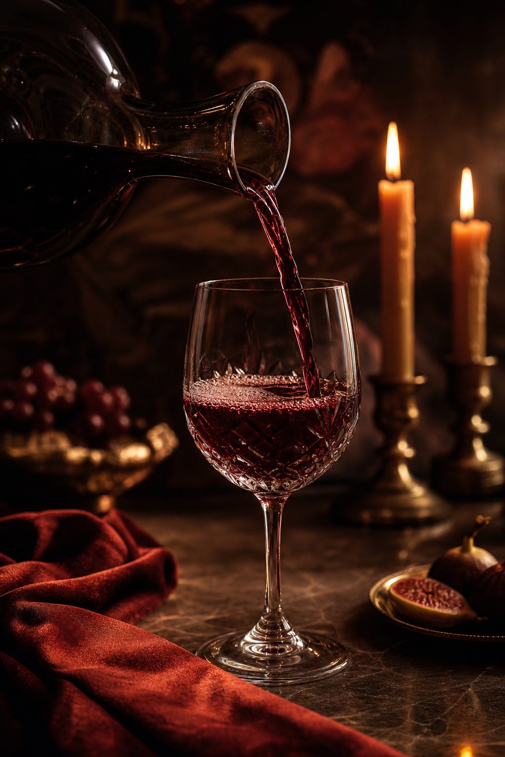 Wine being poured from a decanter under candlelight