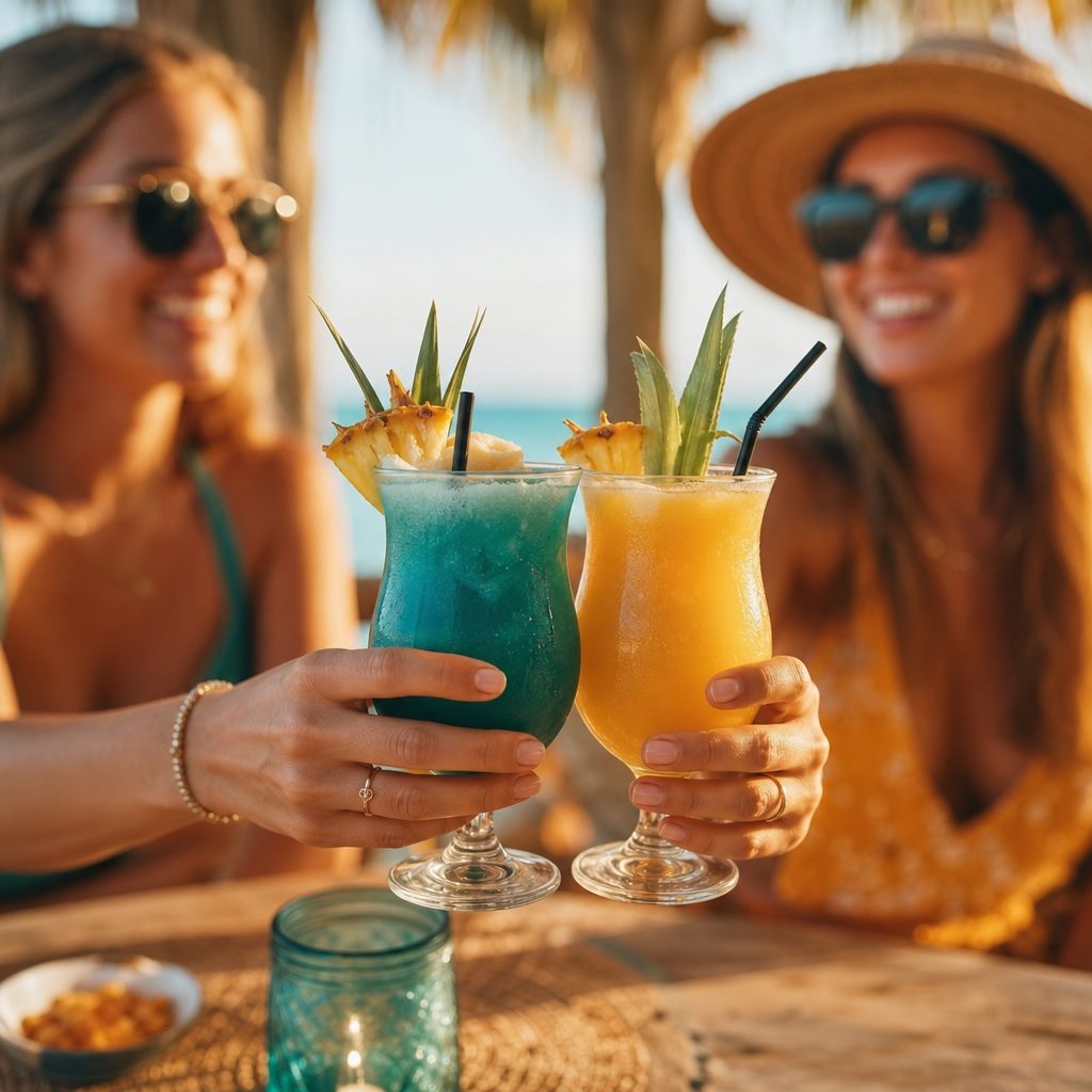 Two friends toasting with tropical cocktails at the beach bar