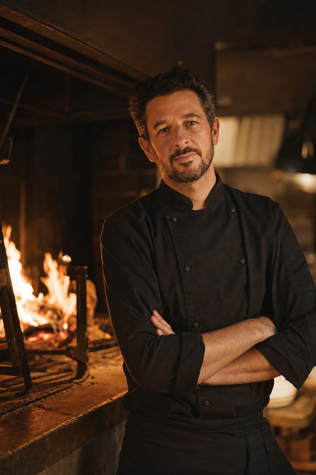 Chef Daniel Vance beside the open-fire hearth