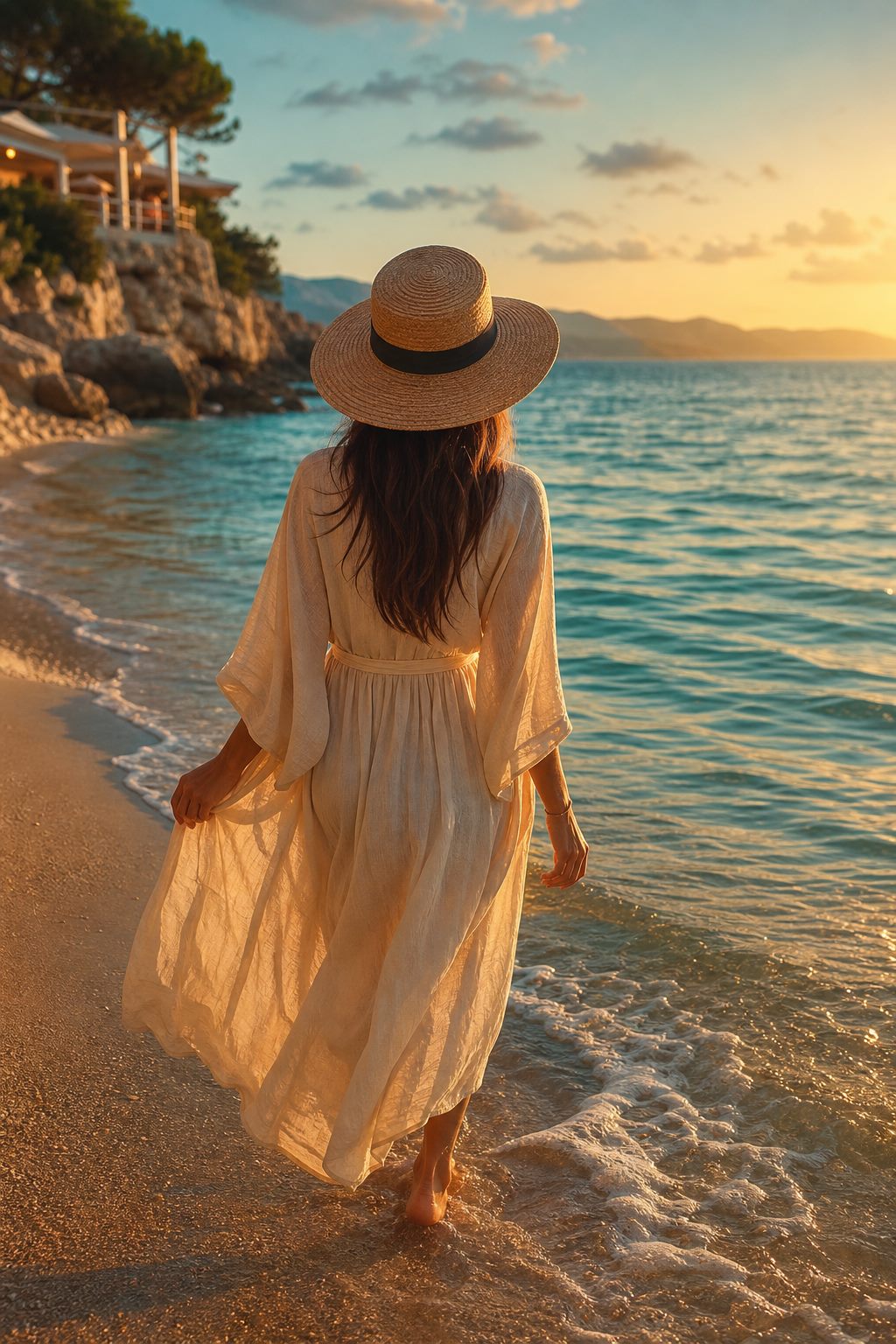 Guest walking barefoot along the shoreline in a linen dress at golden hour