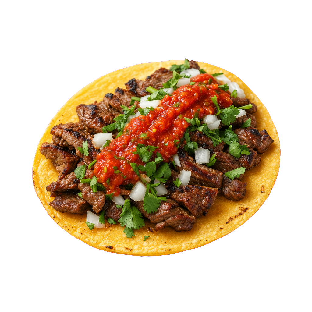 Carne asada street taco with cilantro, onion and red salsa
