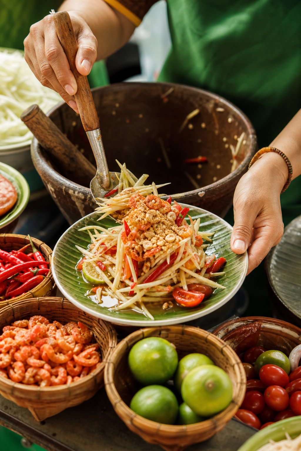 Hands plating fresh Thai papaya salad at a market stall