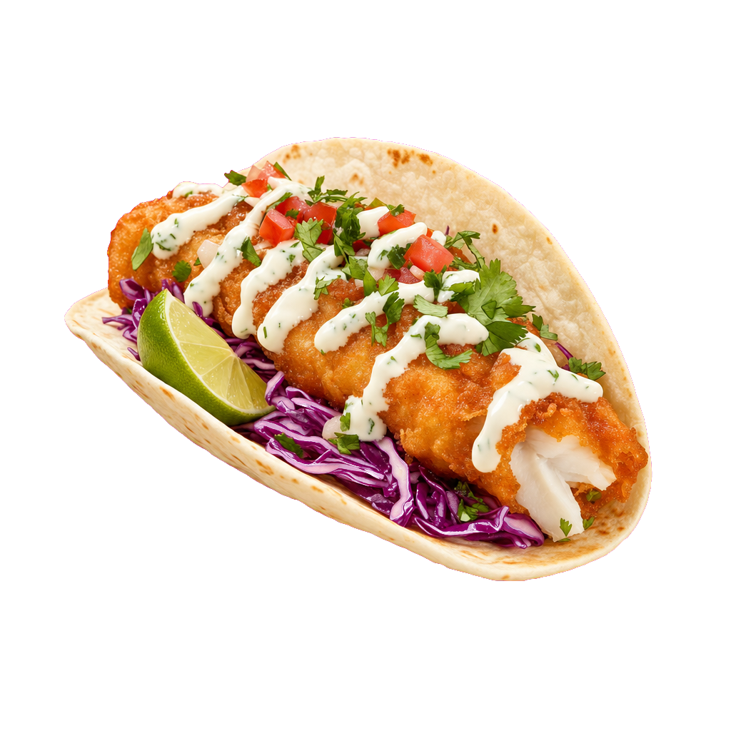 Crispy baja fish taco with cabbage, white sauce and lime