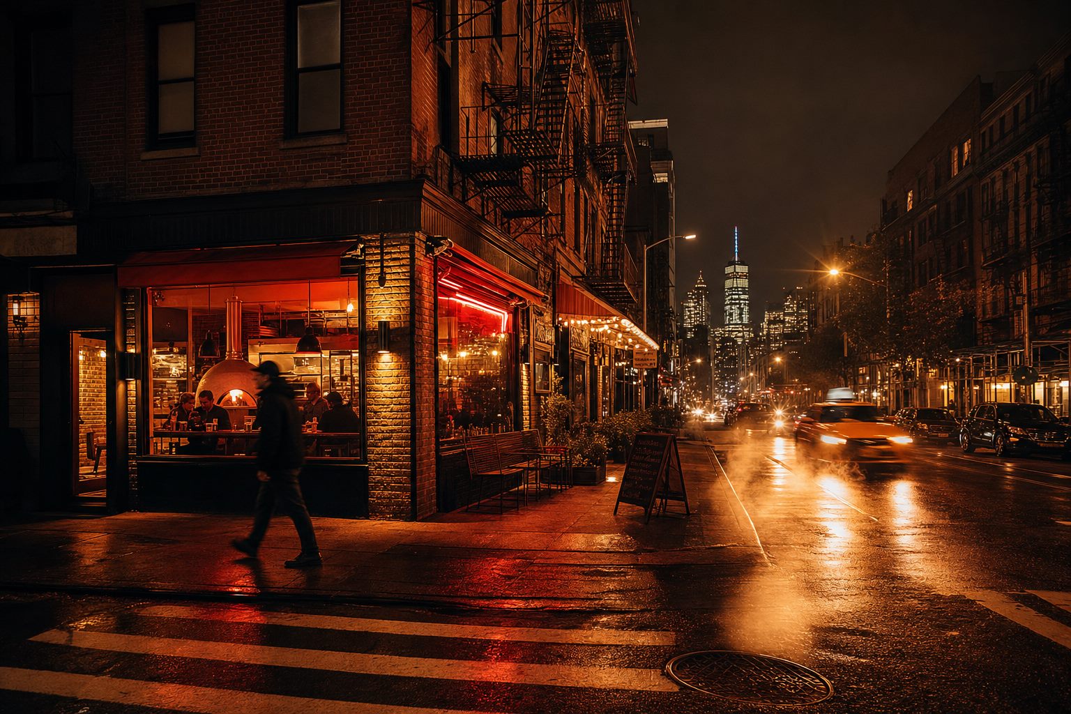 Brooklyn street at night with warm neon glow