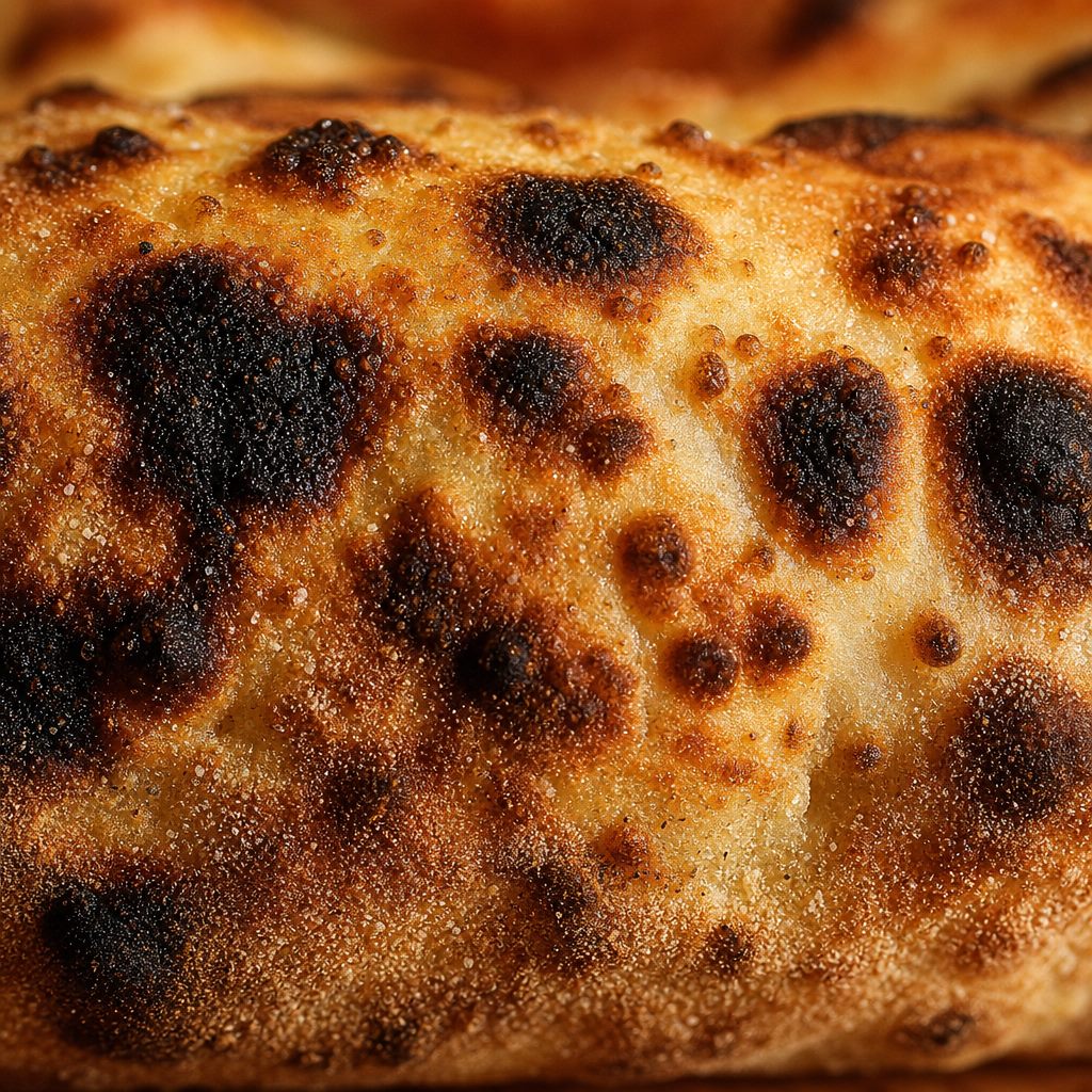 Closeup of leopard-spotted charred crispy pizza crust