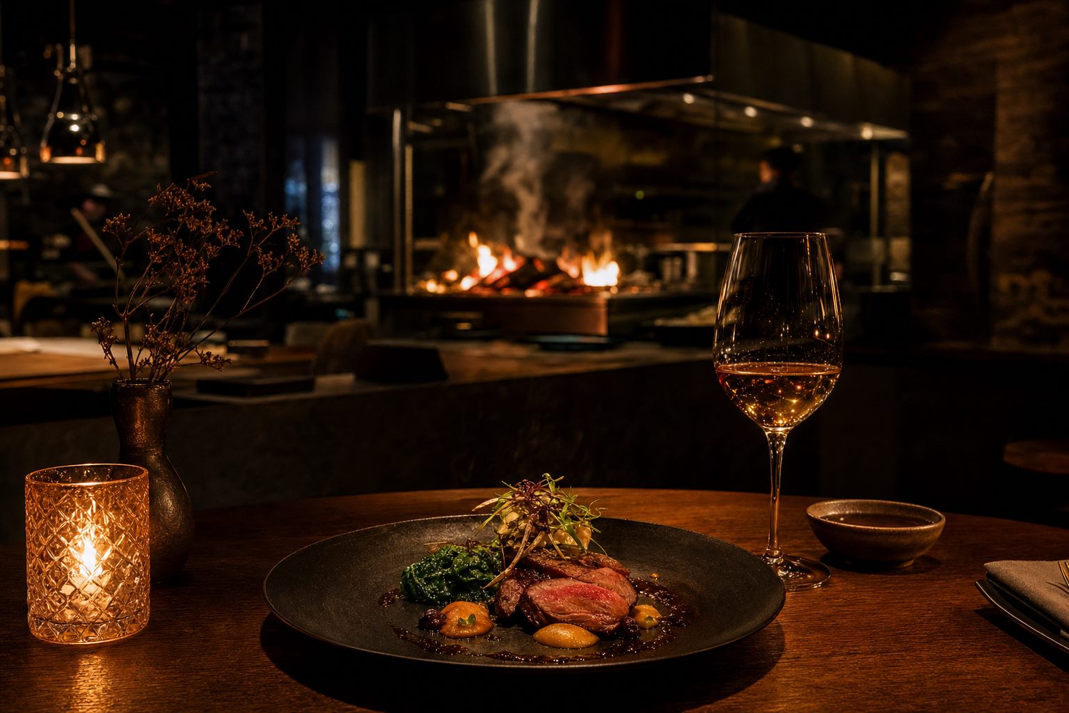 Intimate fine-dining table lit by candles with an open-fire kitchen glowing in the background