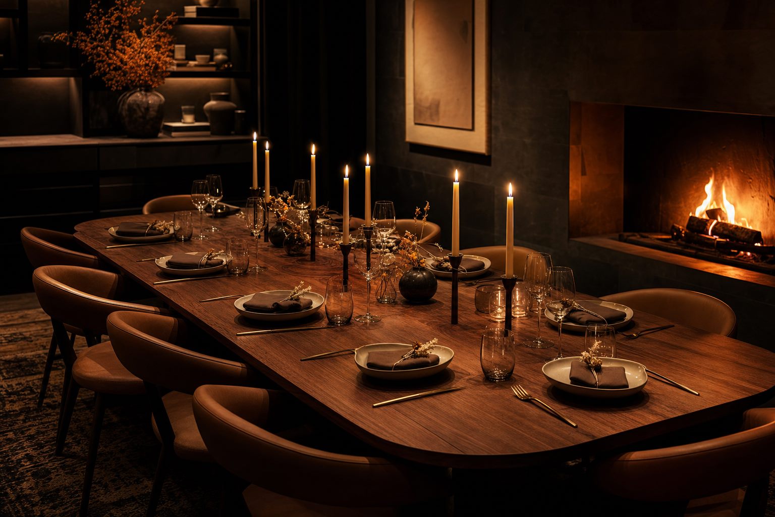 The Ivory Room — a private dining table set for eight with a hearth