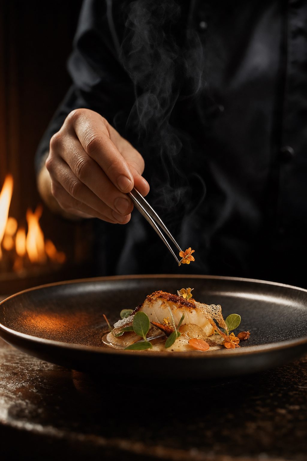 Chef's hands plating with precision tweezers by the open-fire hearth