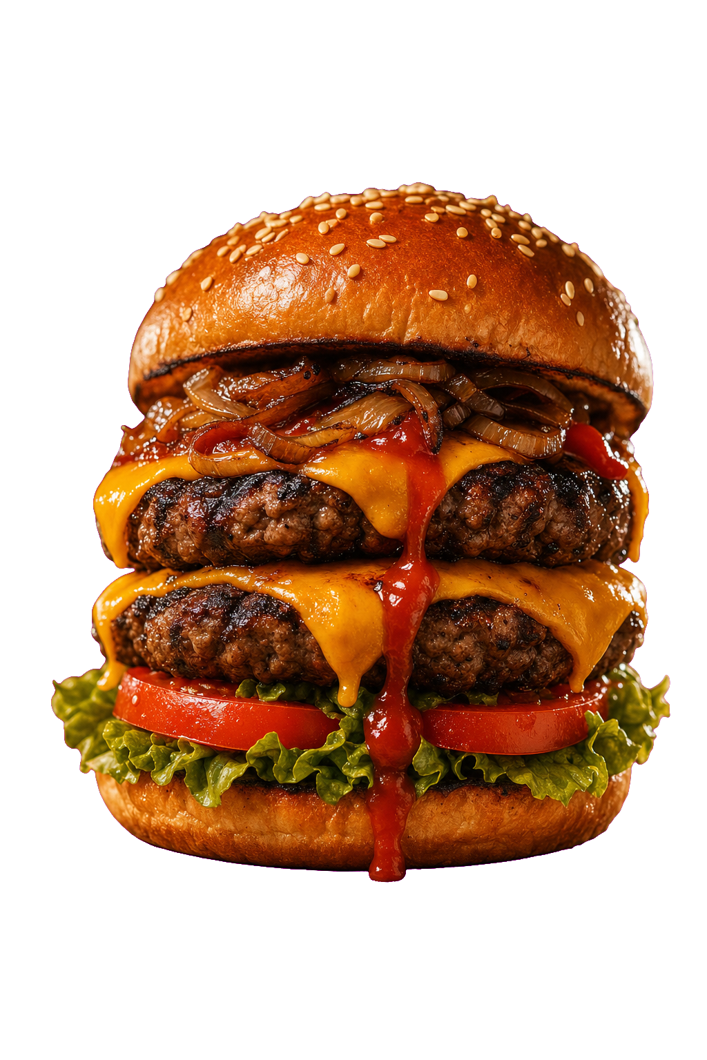 Ember & Oak signature double cheeseburger with melted cheddar and ketchup drip