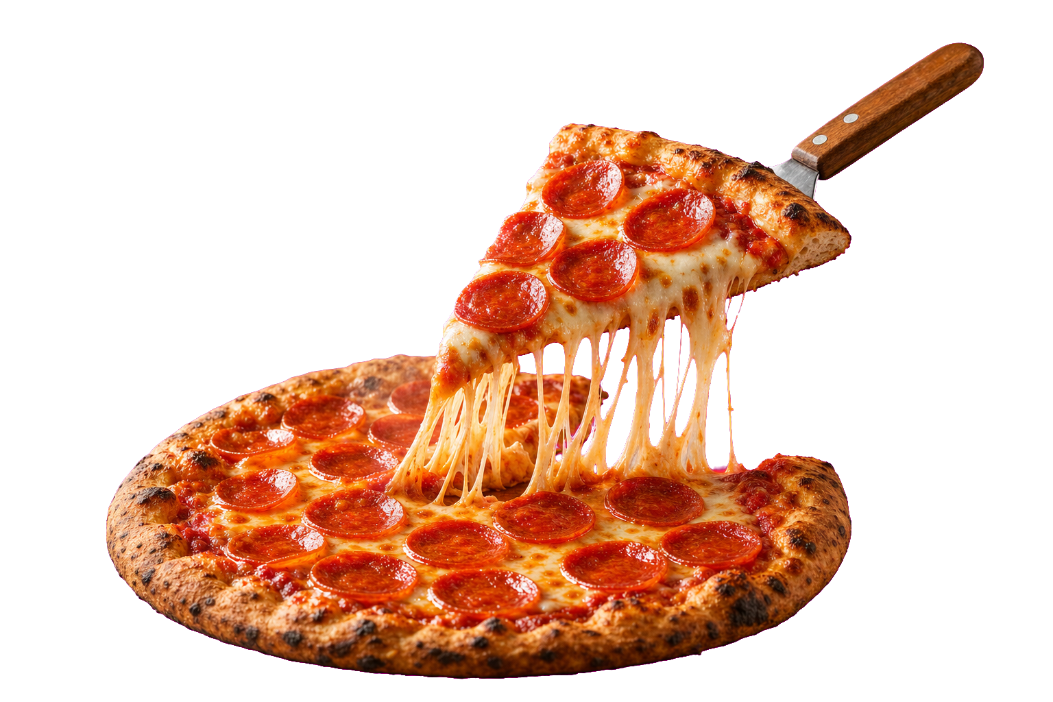 Pepperoni pizza slice being lifted with dramatic stretching cheese pull