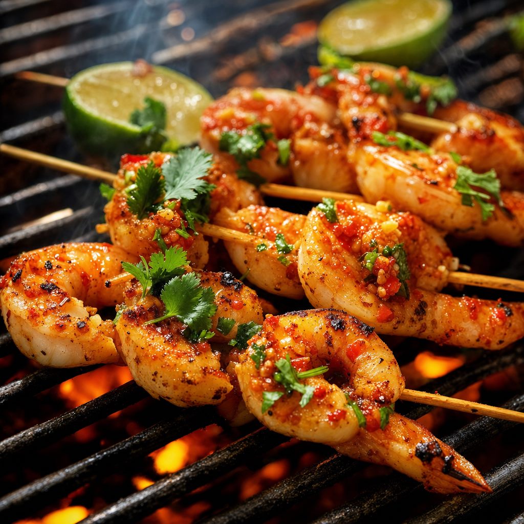 Thai Chili Garlic Shrimp skewers grilled over flame with lime