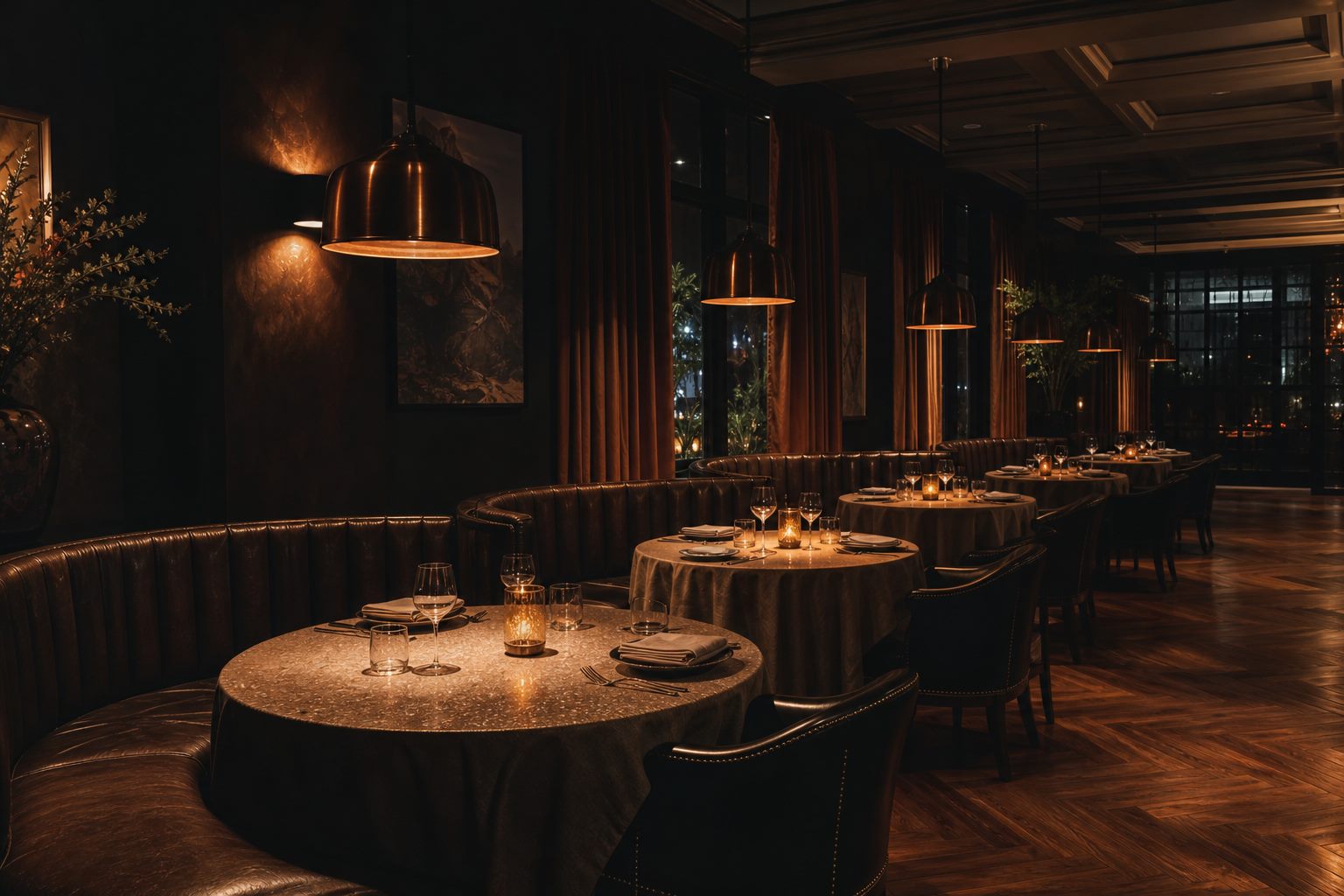Ember & Ivory dining room in the evening