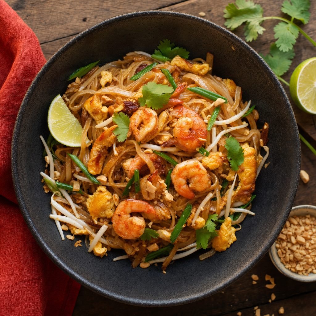 Pad Thai Street Noodles with shrimp, peanuts and lime in a black bowl
