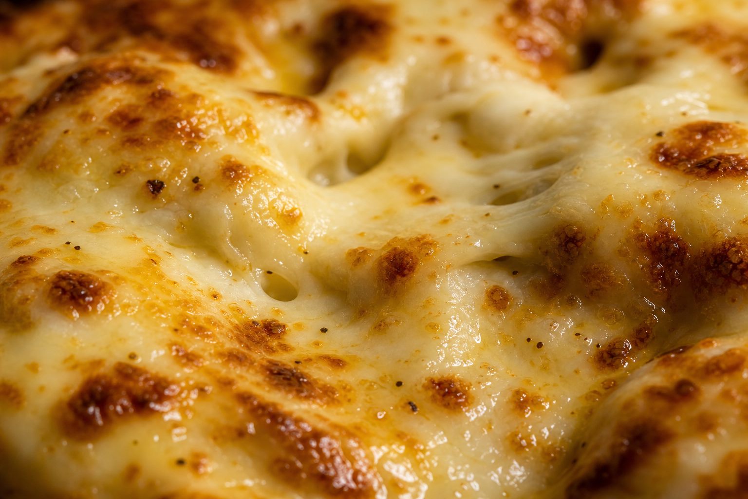 Closeup macro of bubbling charred melted mozzarella cheese
