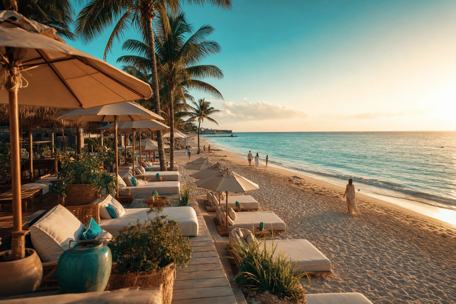Golden hour at Solárium Beach Club, turquoise Pacific water meeting a row of cream sunbeds under sand-colored parasols
