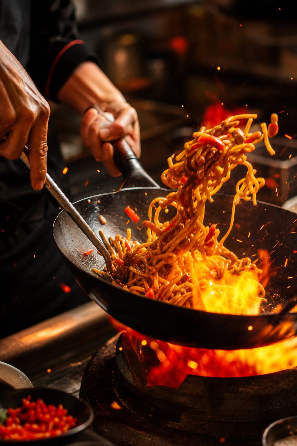 Chef tossing noodles in a flaming wok with sparks