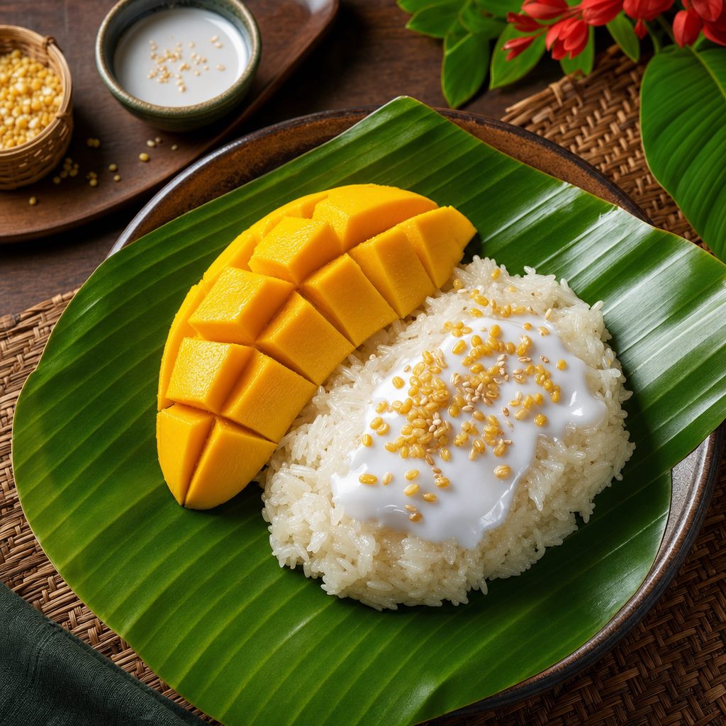 Mango Sticky Rice with coconut cream on a banana leaf