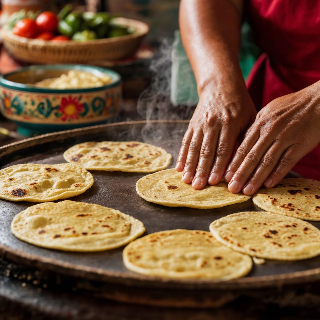 Hands pressing warm corn tortillas on a comal griddle with steam rising