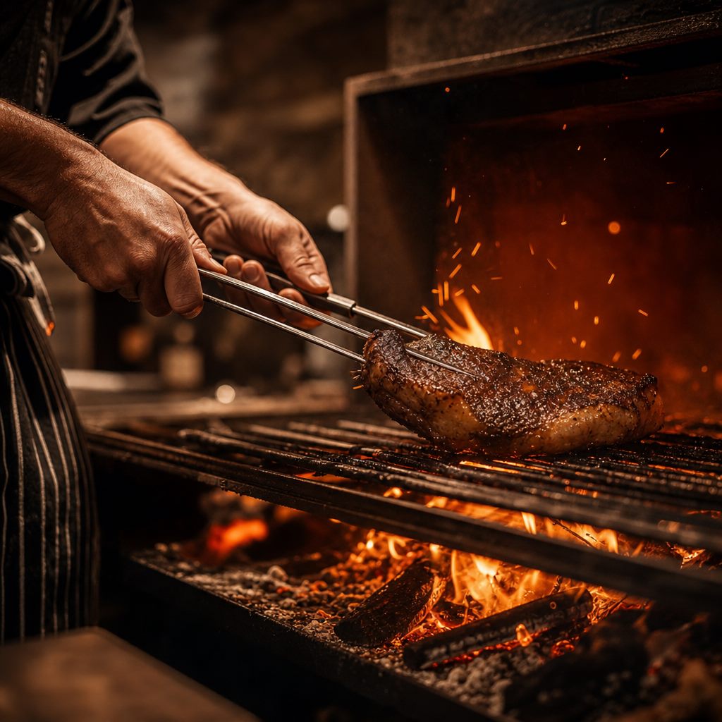Chef searing meat over the open-fire hearth