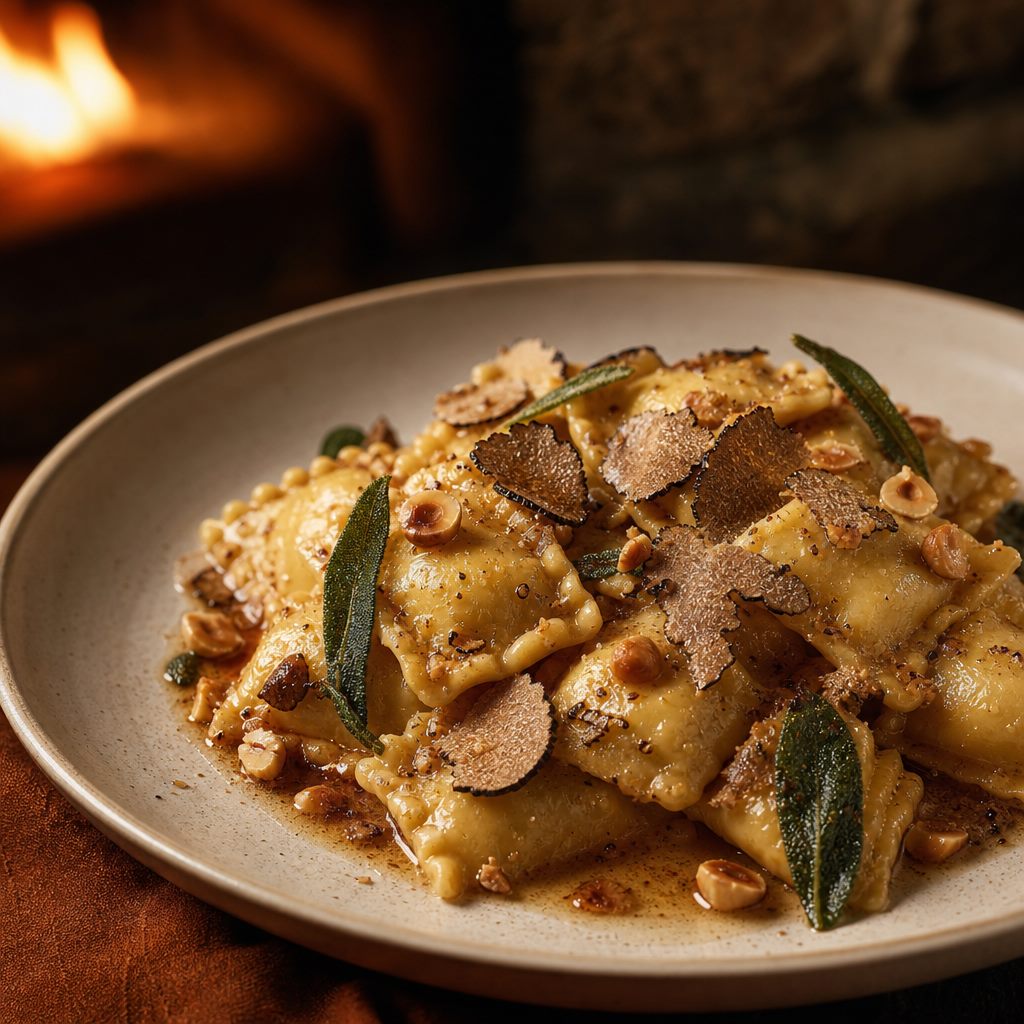 Truffle agnolotti with brown butter and hazelnut