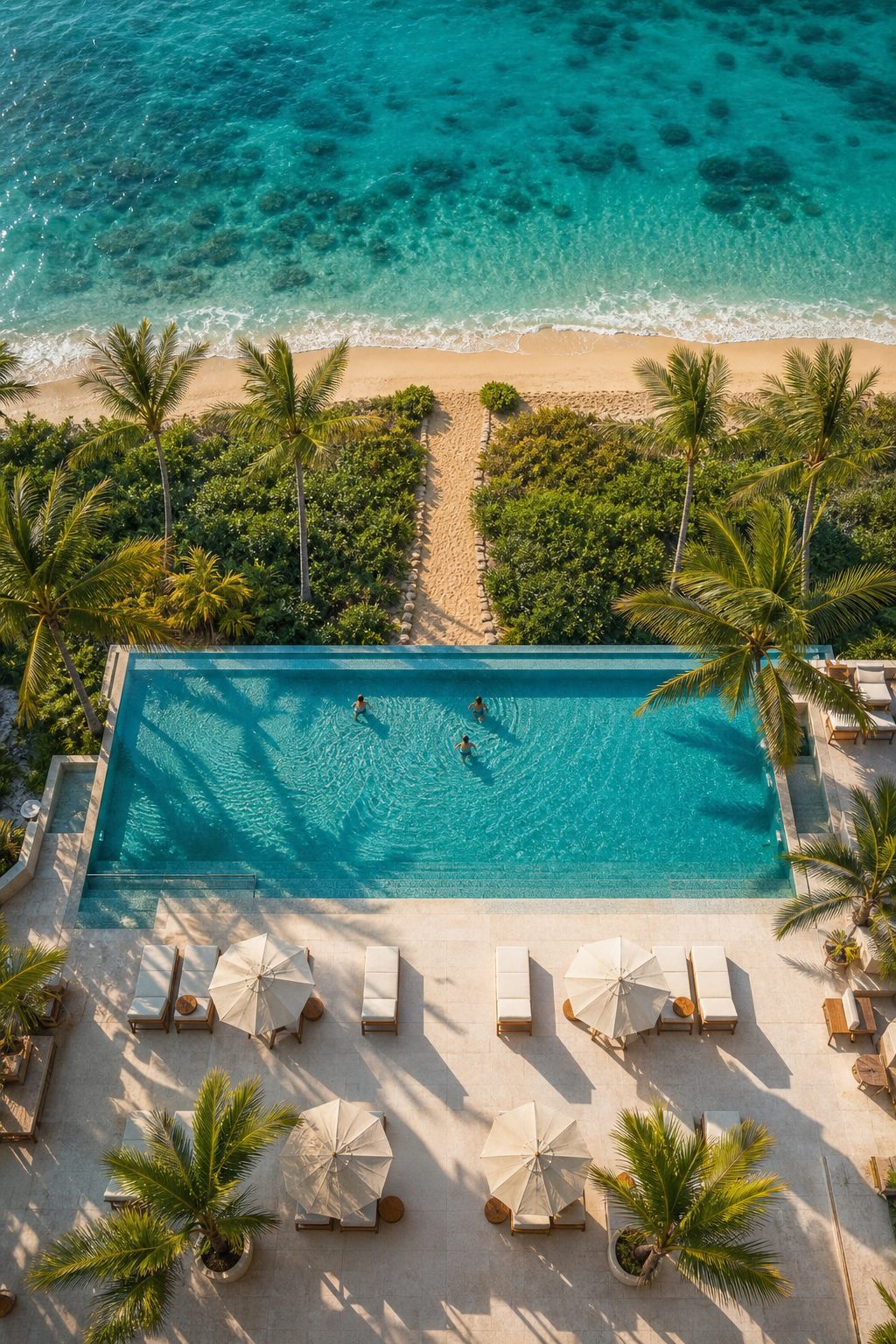 Aerial view of the Solárium infinity pool and cream sunbeds