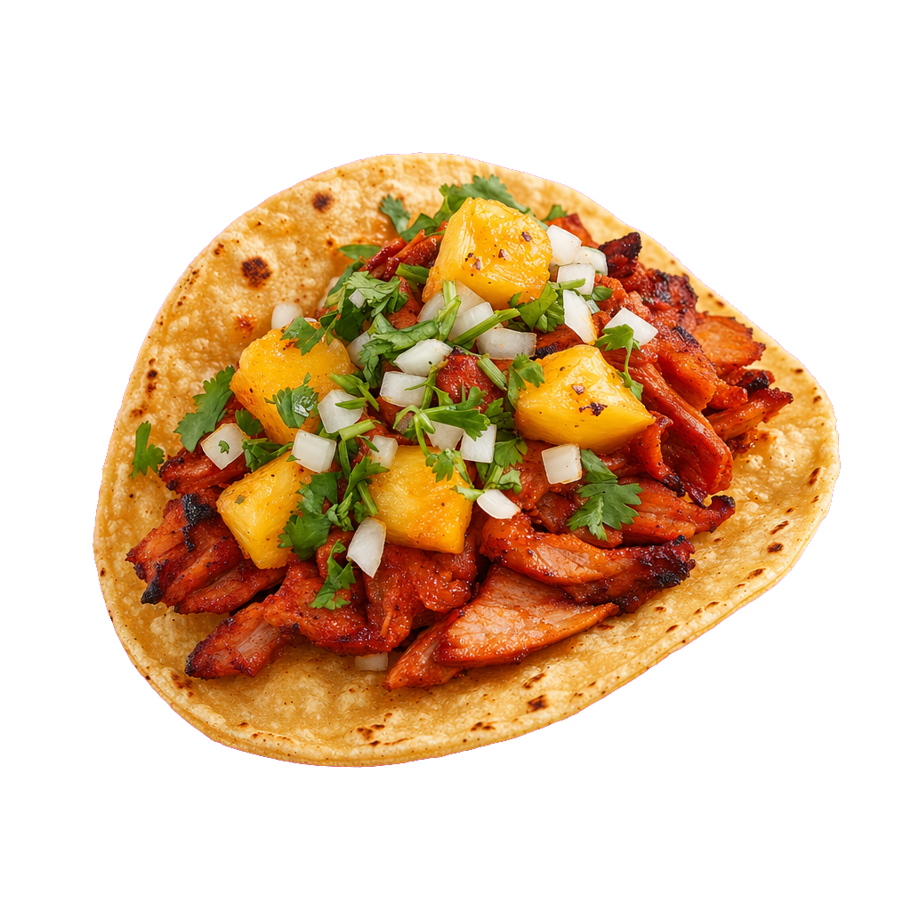 Al pastor street taco with pineapple, cilantro and onion