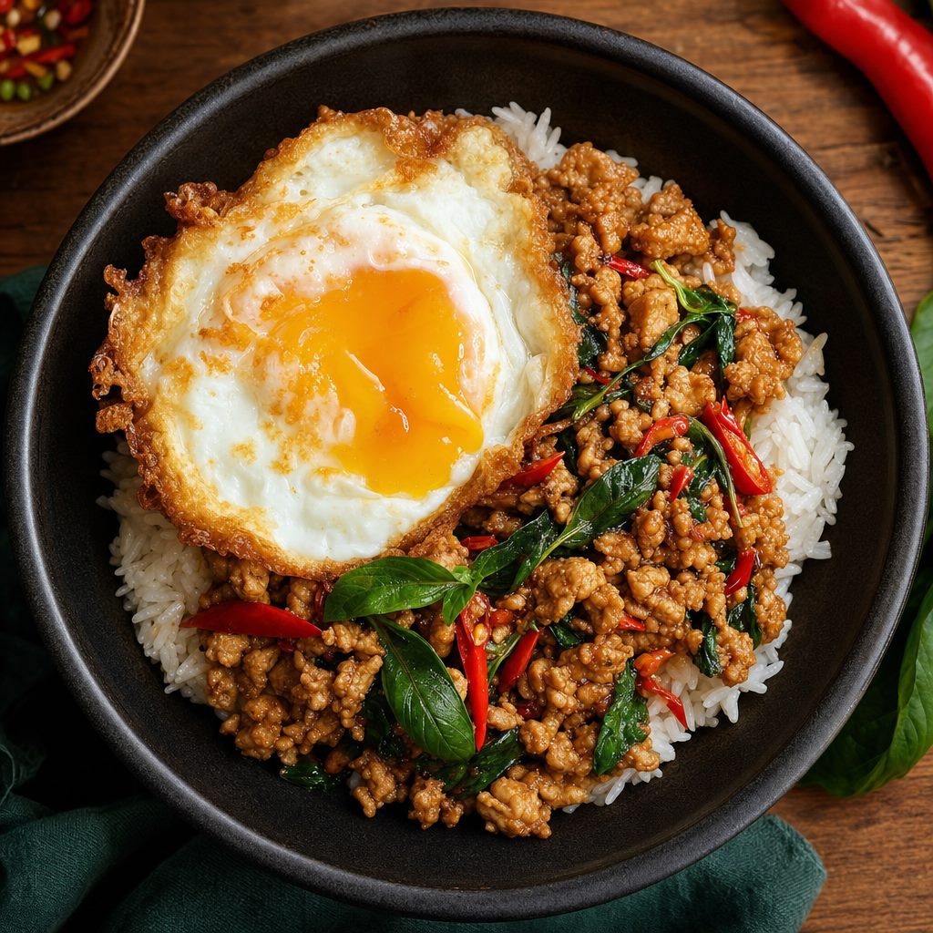 Spicy Basil Chicken Bowl with crispy fried egg over jasmine rice