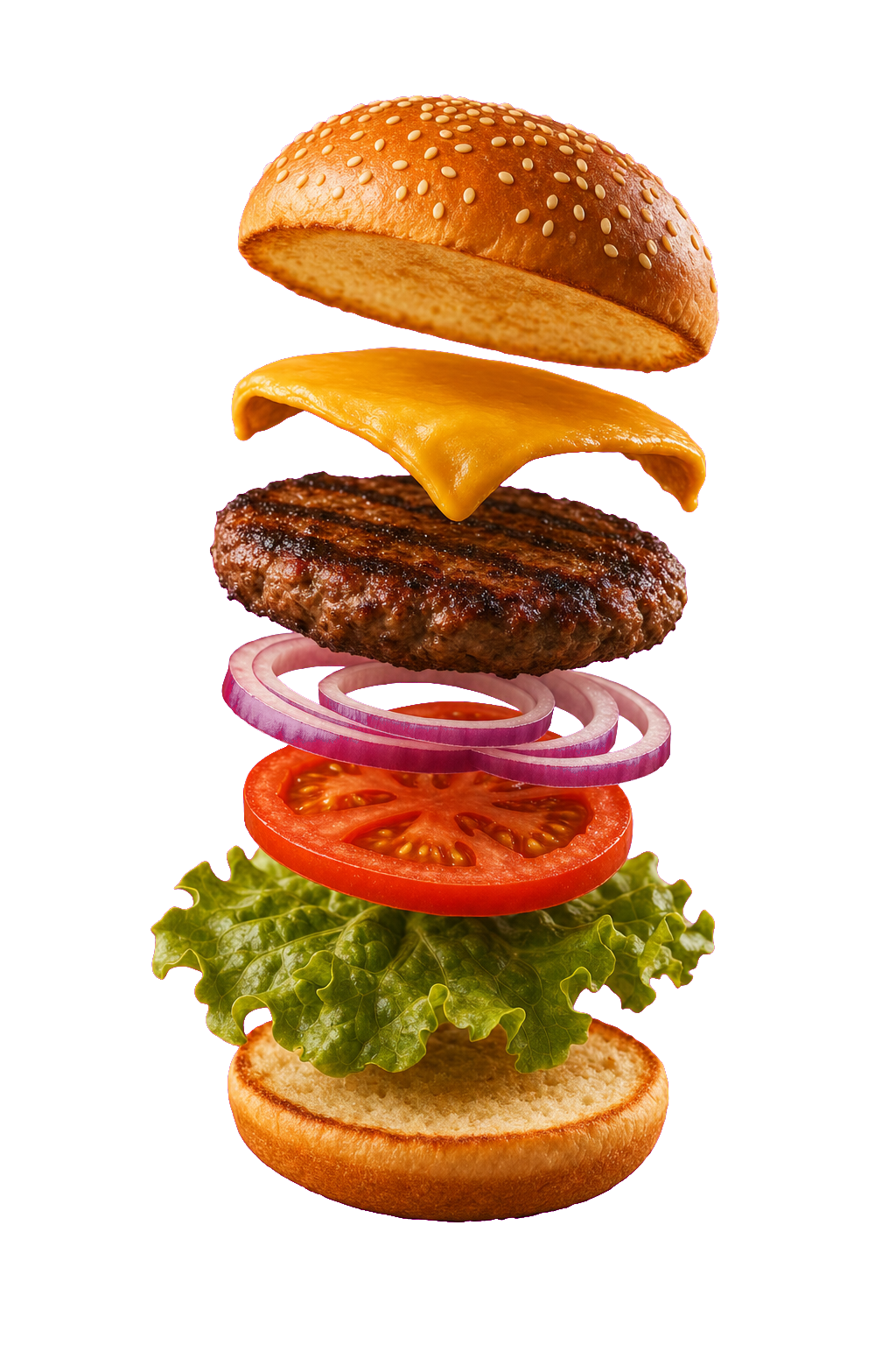 Exploded view of a gourmet burger with floating layers