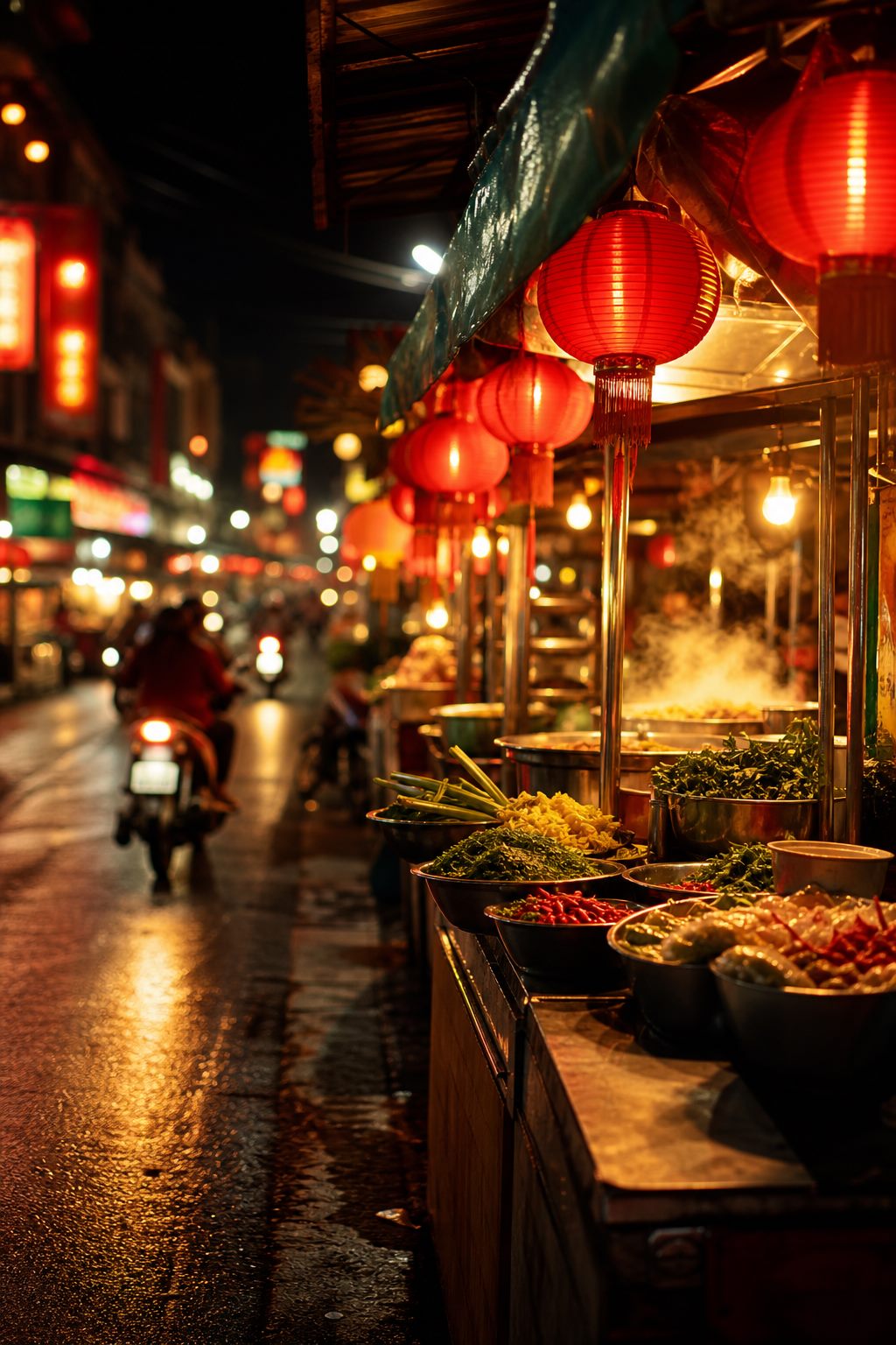 Glowing red lanterns and steaming food carts at a Thai night market