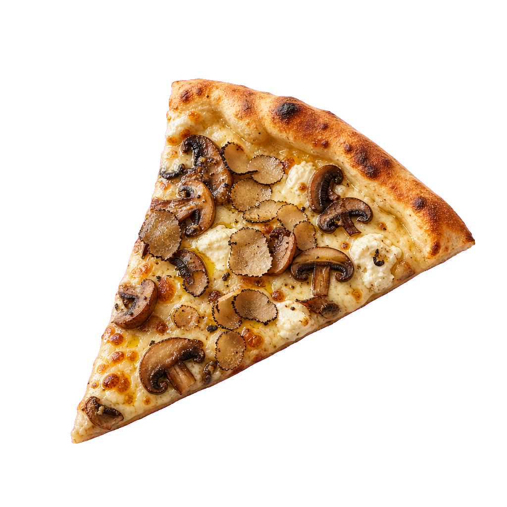 Truffle mushroom white pie slice with shaved truffle and ricotta