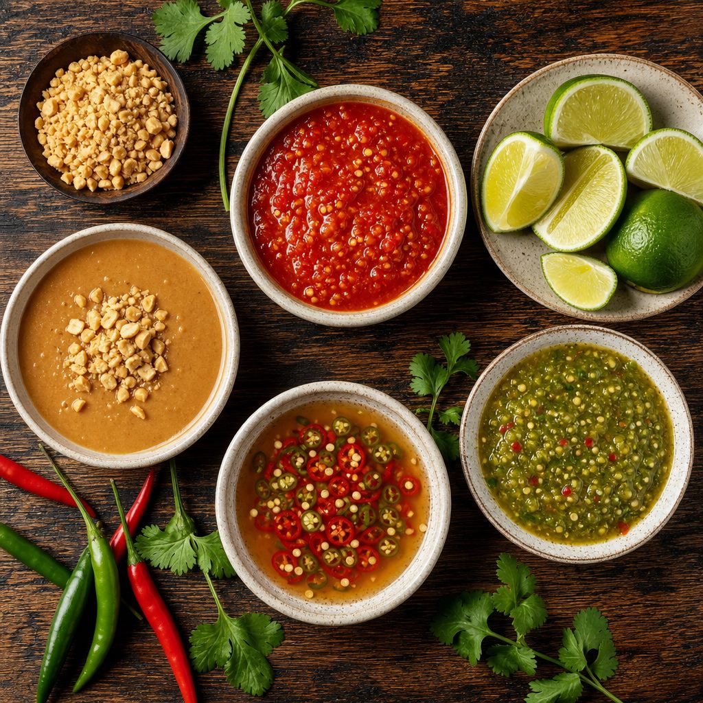 Bowls of vibrant Thai sauces with lime and chilies