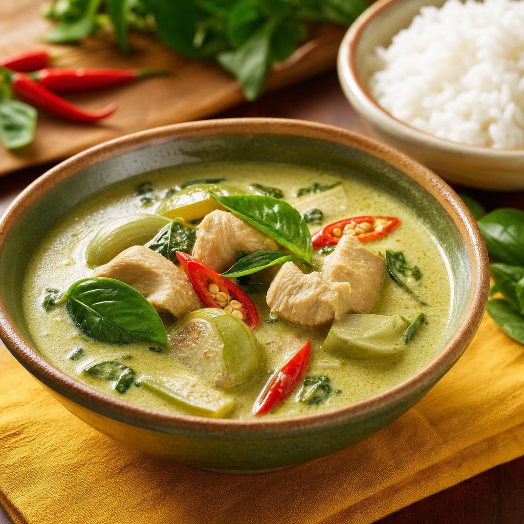 Bowl of Thai green curry with chicken and basil leaves
