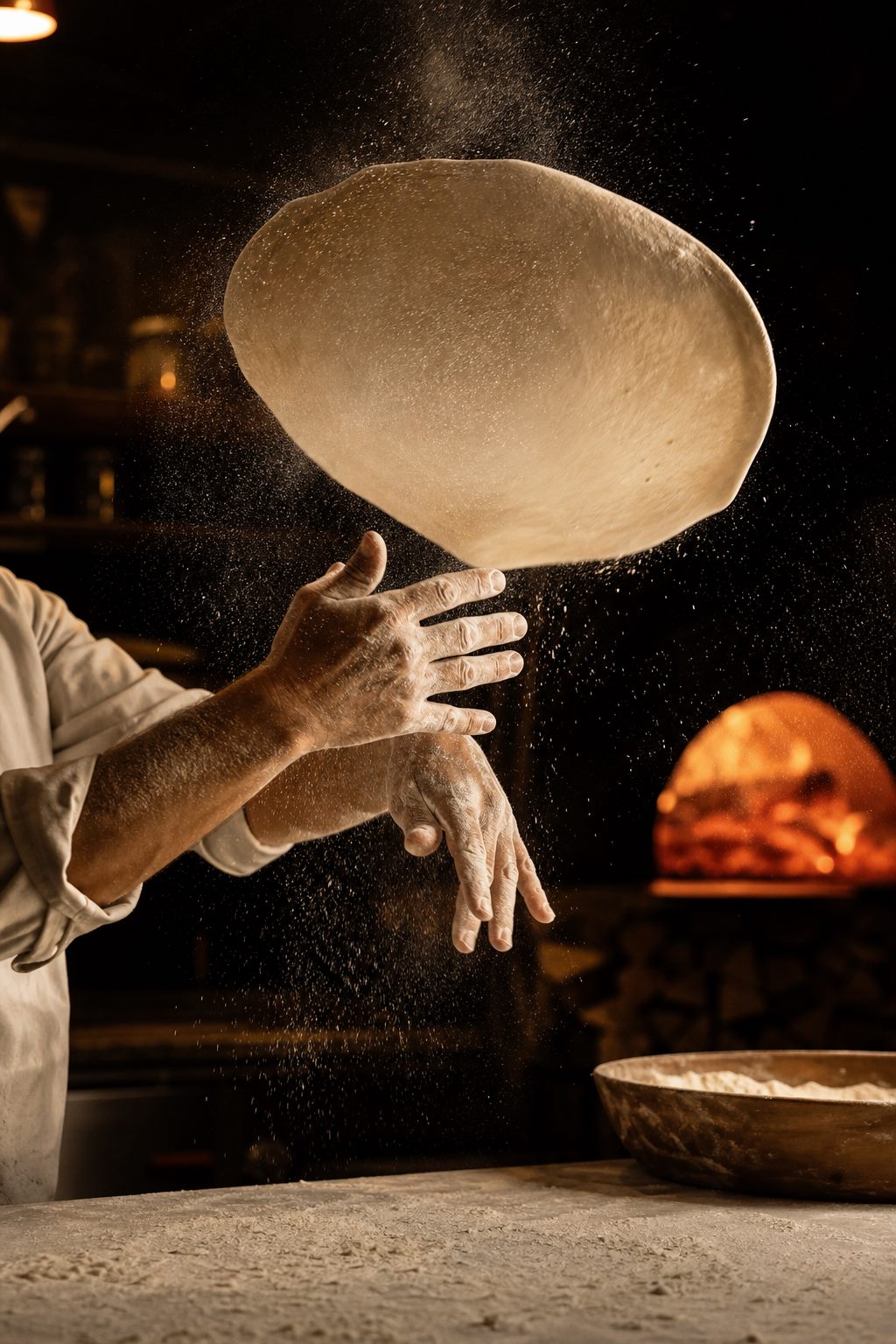 Pizzaiolo tossing dough in the air with flour dust flying near a wood-fired oven
