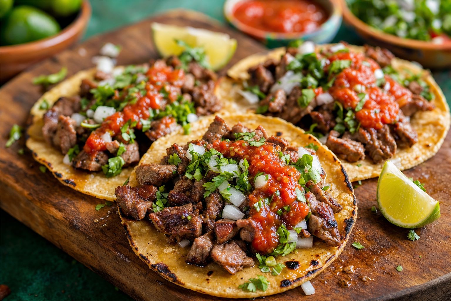 Three vibrant street tacos with carne asada, cilantro and red salsa on a wooden board