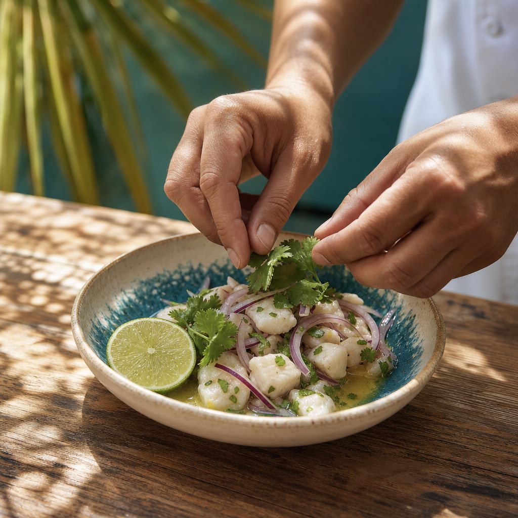 Chef plating fresh ceviche in a shallow ceramic bowl