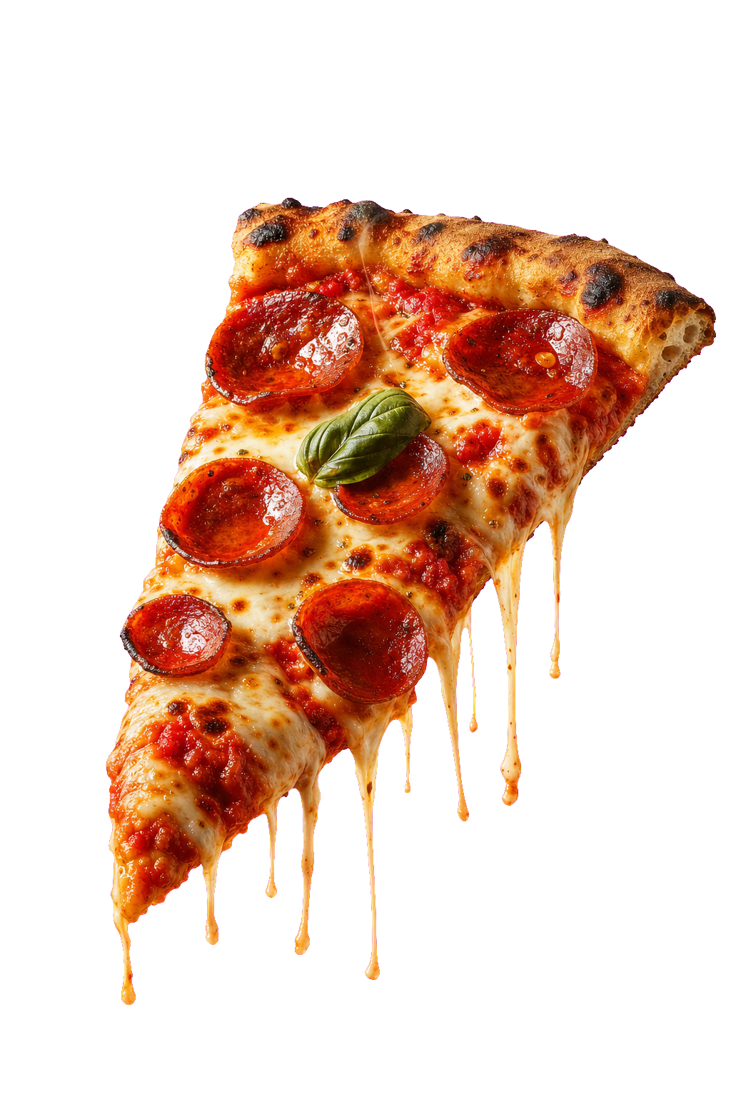 Floating wood-fired pepperoni pizza slice with stretching mozzarella cheese