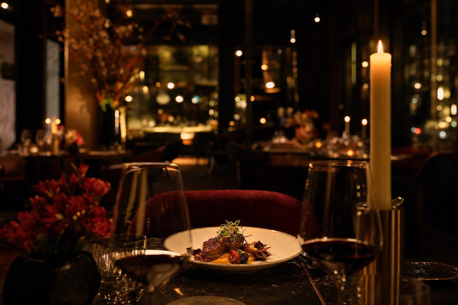 Candlelit table with a plated dish at Ember & Ivory