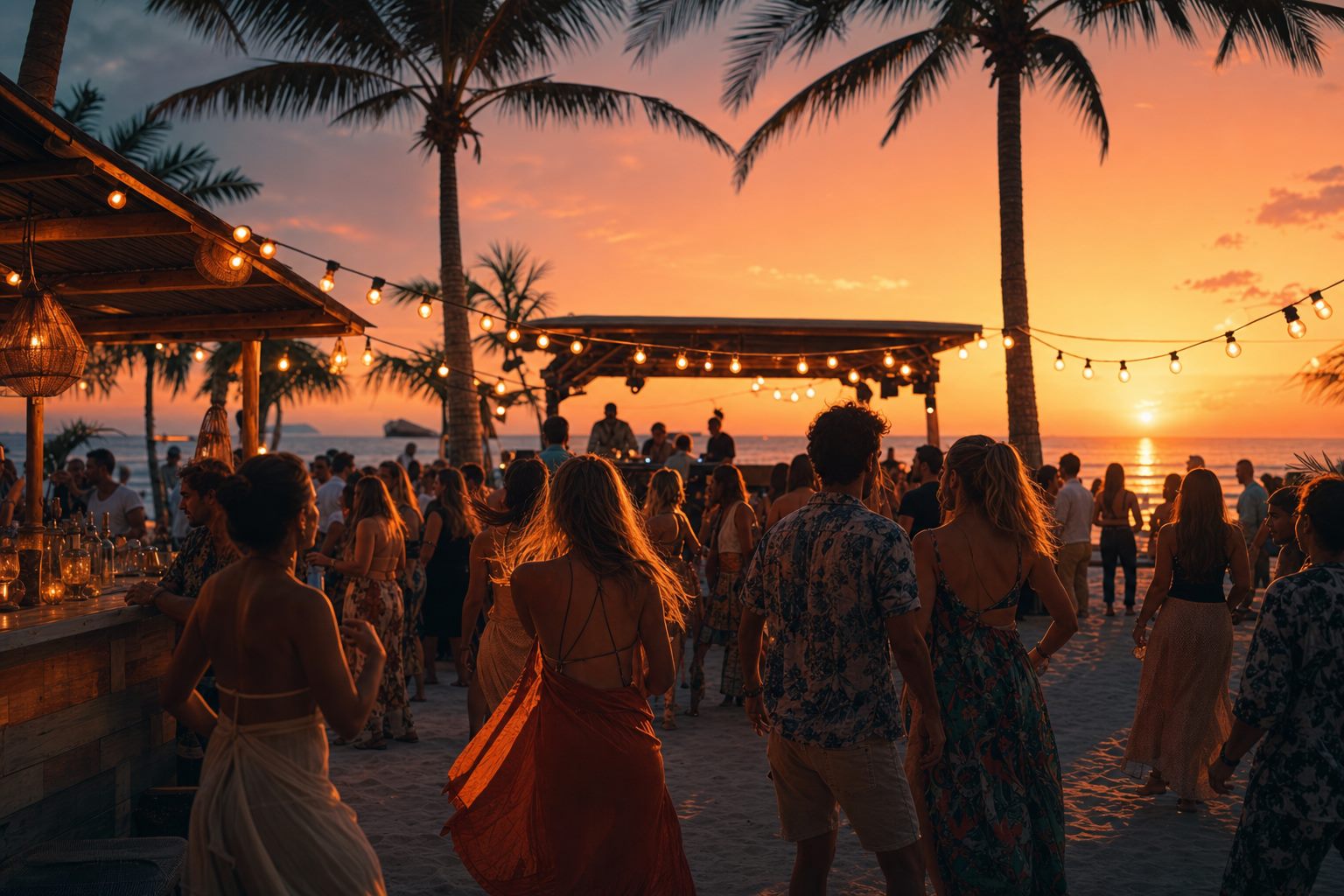 Guests dancing at sunset with warm string lights under palm trees