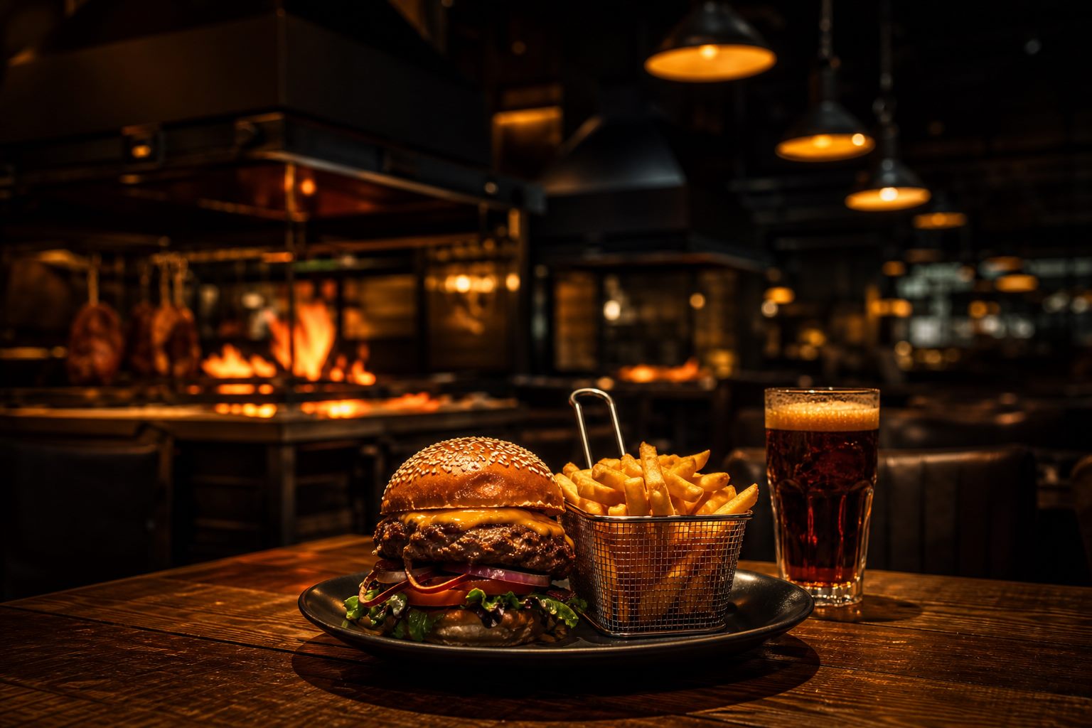 Warm dining room ambiance with charcoal grill