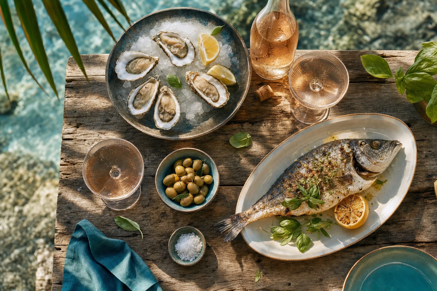 Seaside table with fresh oysters, grilled halibut, olives and rosé wine